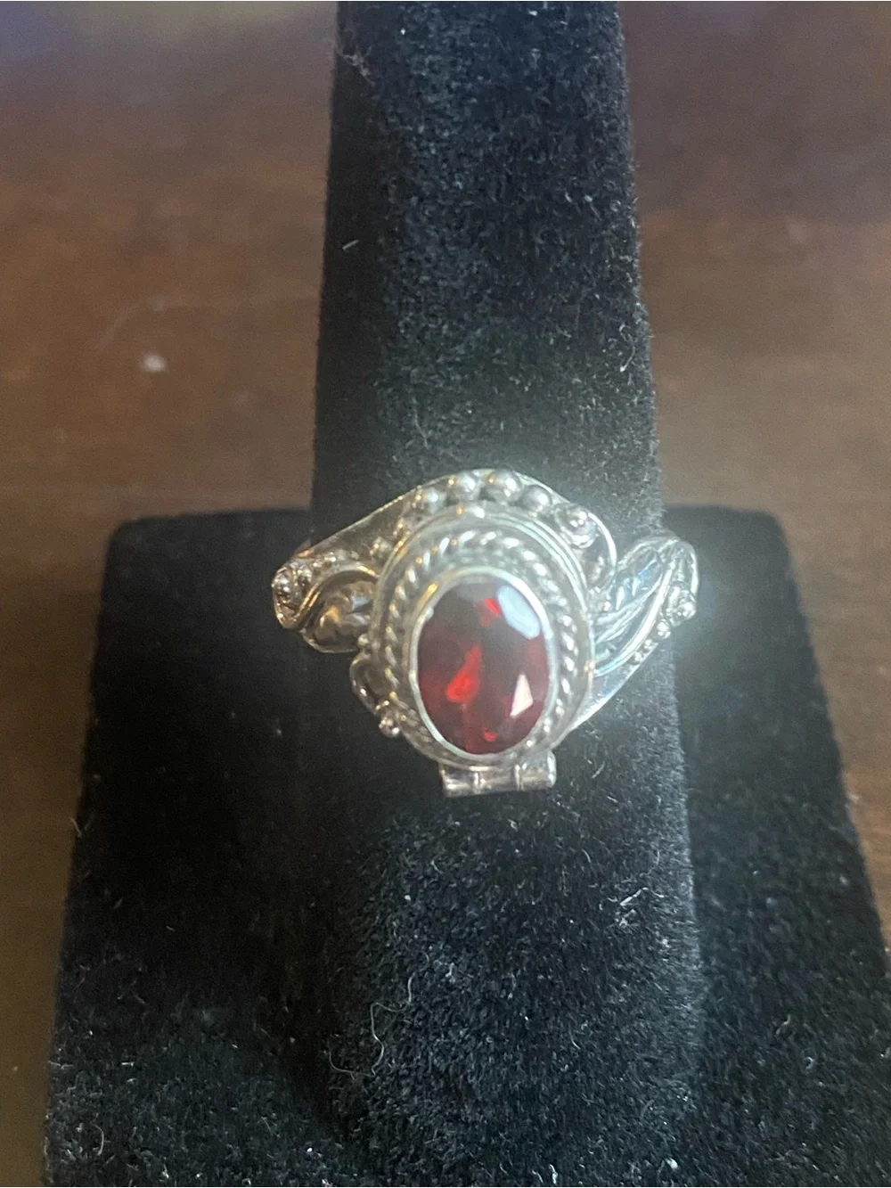 Sterling Silver Vintage Garnet Snuff Ring • Hinged Poisen Locket•Statement Ring